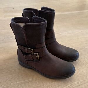 UGG Chocolate Brown Moto Boots with Dual Buckles